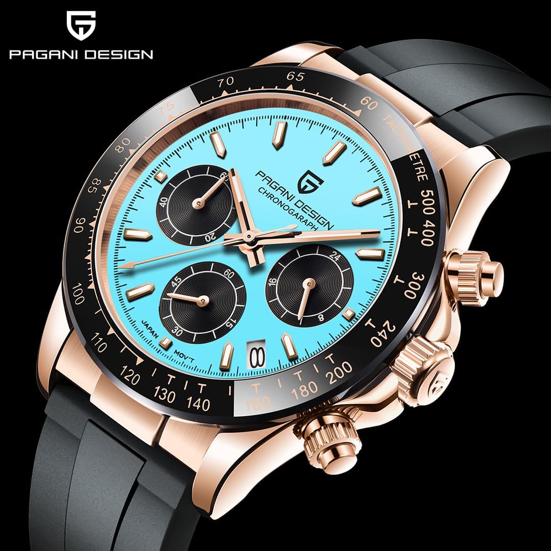 Detalle 1 de Pagani Design Zaffiro Sport VK63: orologio uomo al quarzo impermeabile in acciaio 316L con cronografo