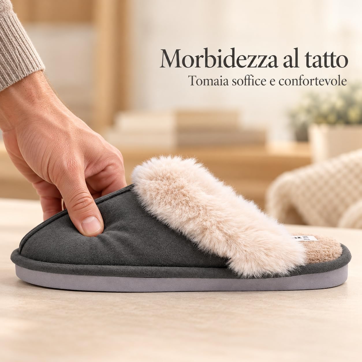 Detalle de JOMIX winterpantoffels voor heren met imitatiebont, suède en pvc-zool