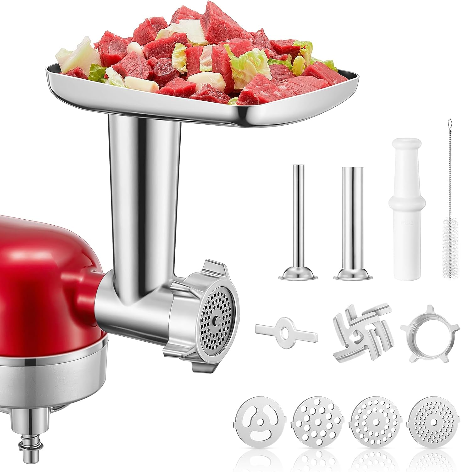 Detalle de FOHERE KA-MG vleesmolenopzetstuk voor KitchenAid, 15-delig van roestvrij staal