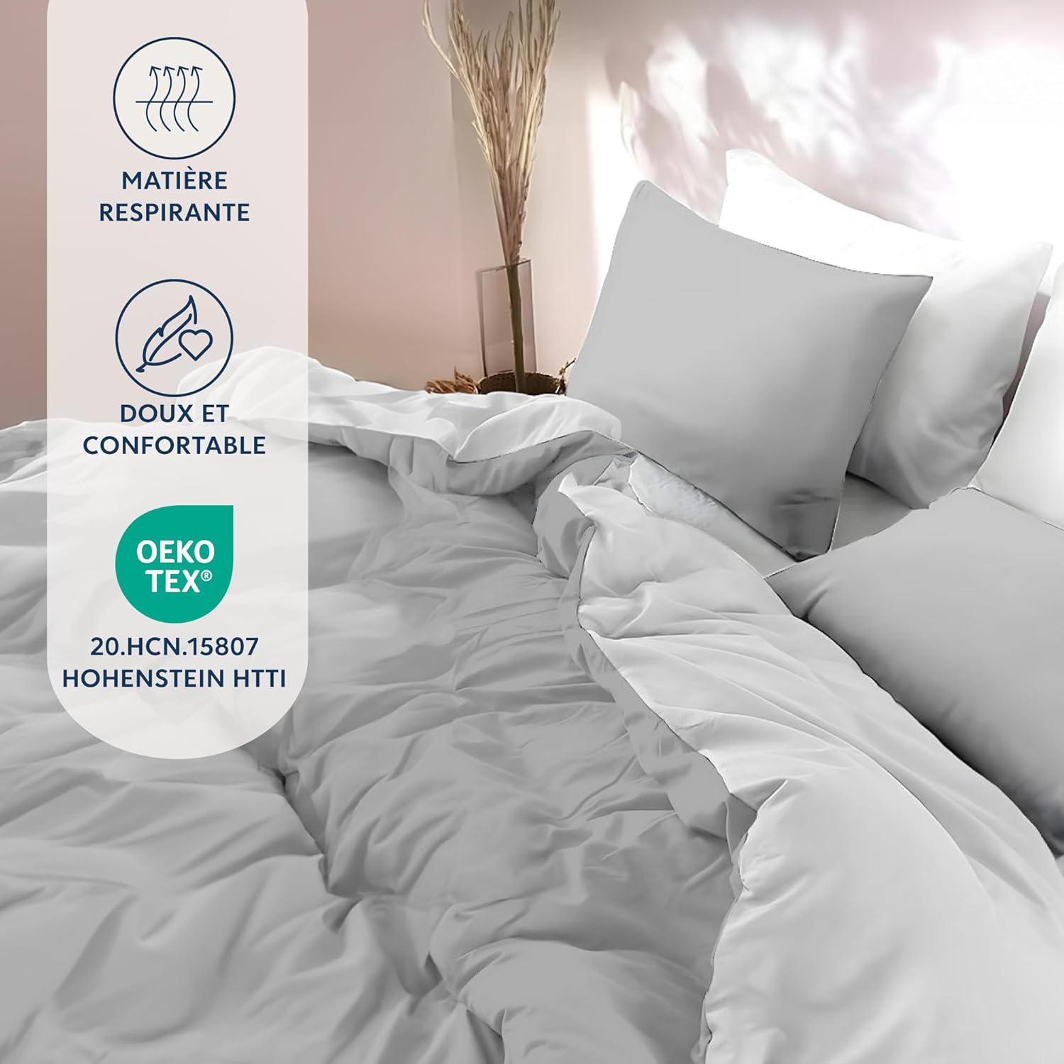 Thumbnail 1 de Dreamzie Parure de lit 200x200 en microfibre : housse de couette 200x200 et 2 taies 65x65 gris clair/blanc