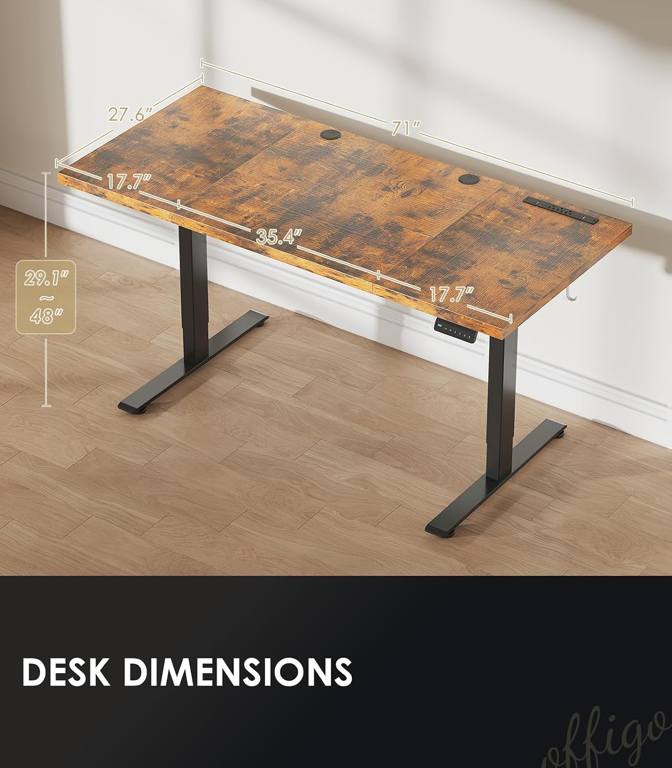 Detalle 2 de OffiGo 71-Inch Executive Electric Standing Desk, Rustic Brown, 3 Presets