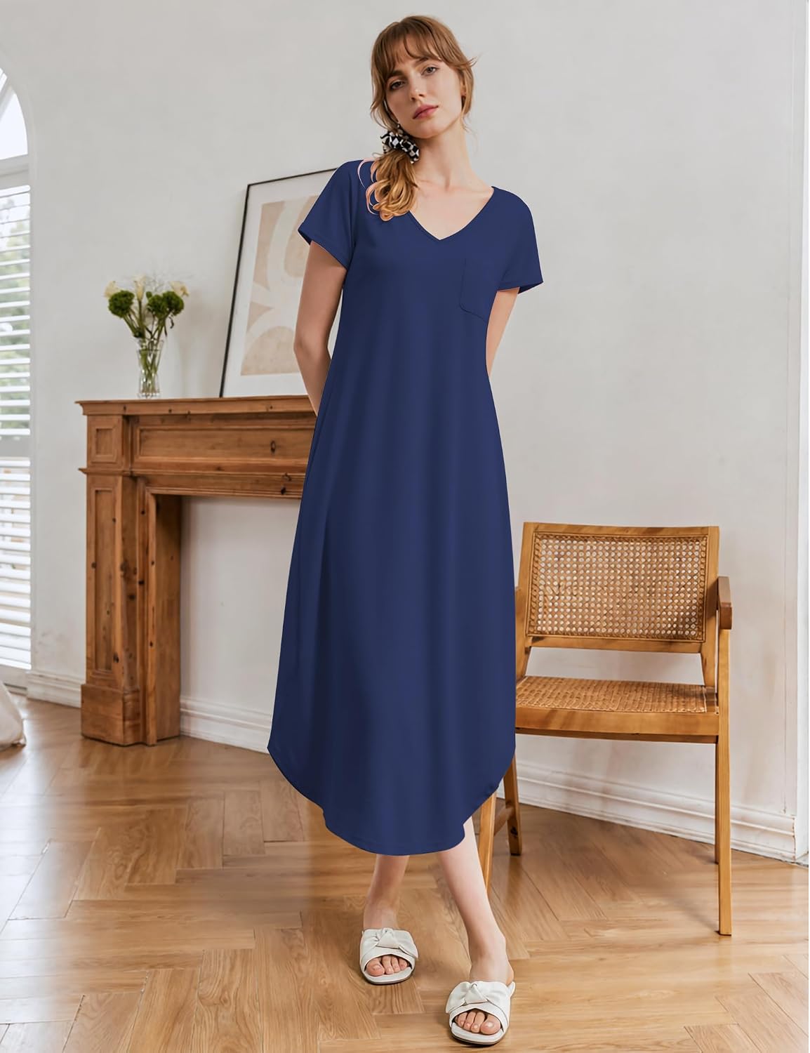 Thumbnail 1 de Ekouaer Long Bamboo Viscose Nightgown, Short-Sleeve V-Neck Sleepshirt