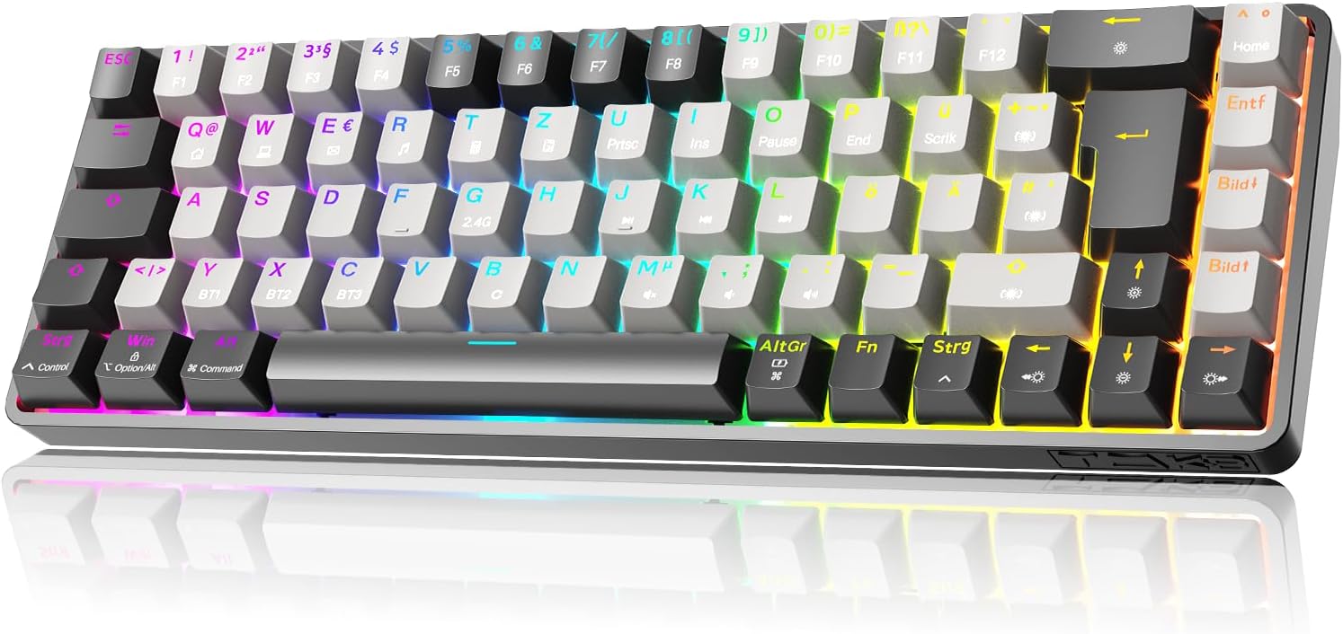 Detalle de TMKB T68 Gaming-Tastatur (68 Tasten, kabellos) – 60% mechanisch mit RGB, Bluetooth/2.4G/USB-C, deutsches QWERTZ