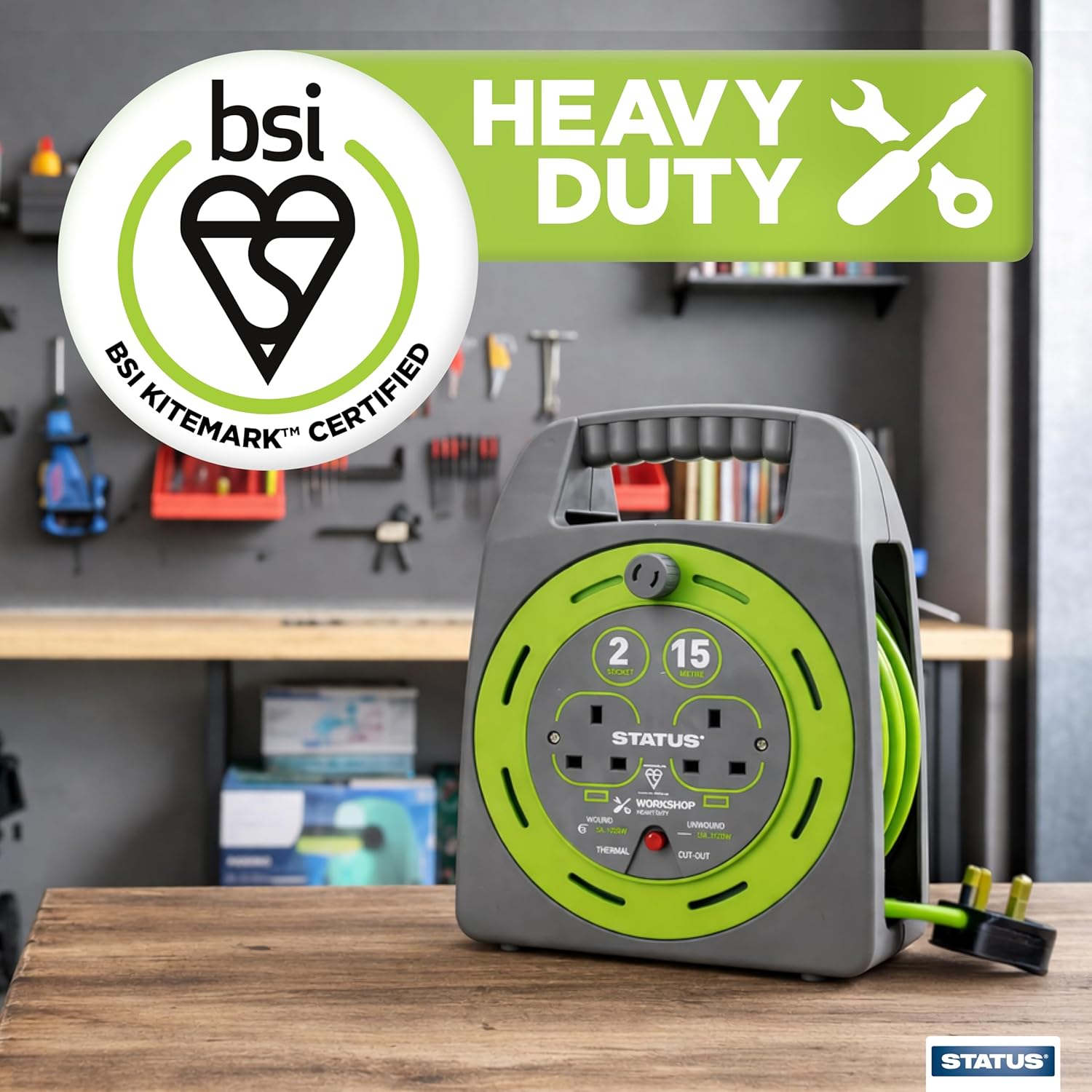 Thumbnail 5 de STATUS 2 Socket Cable Reel 15m Green Extension Lead