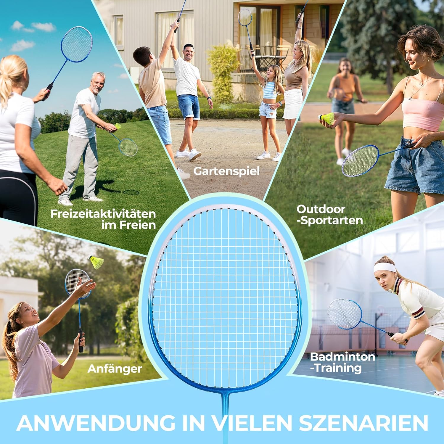 Detalle de HIRALIY Badminton-Schläger-Set (4er, für Kinder & Erwachsene) inkl. 12 Nylon-Volanten, Ersatz-Griffbändern und Tasche