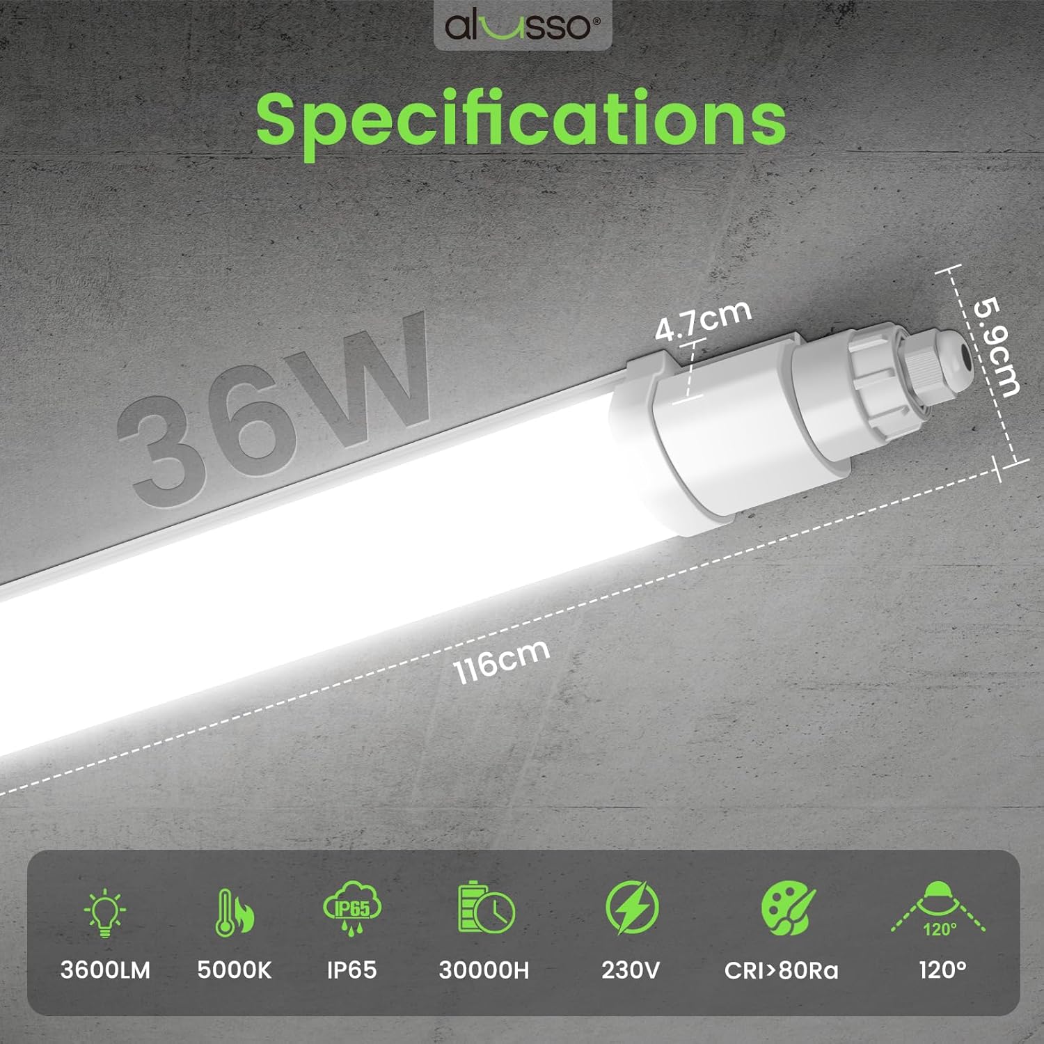 Detalle 2 de ALUSSO LIGHTING LED Feuchtraumleuchte 116 cm, 36W