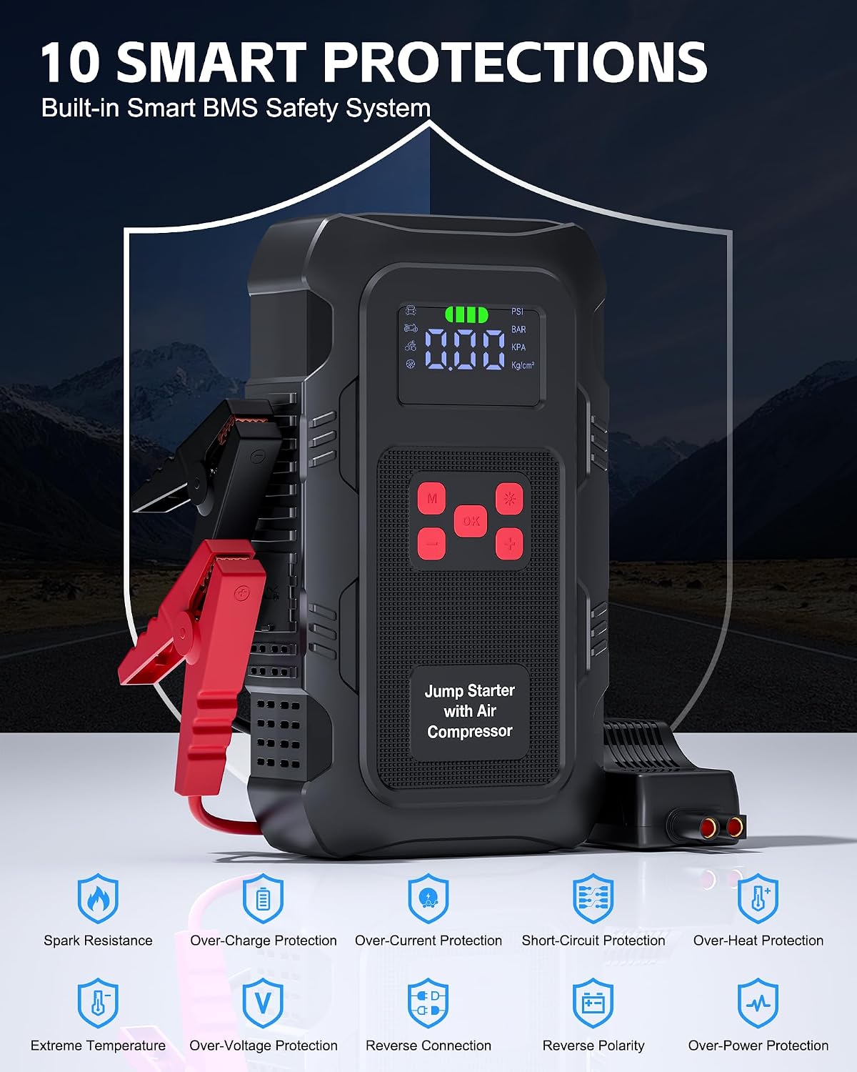 Detalle de Povasee Jump Starter Power Pack with Air Compressor 150PSI – 6000A, 12V Battery Booster with LED Light