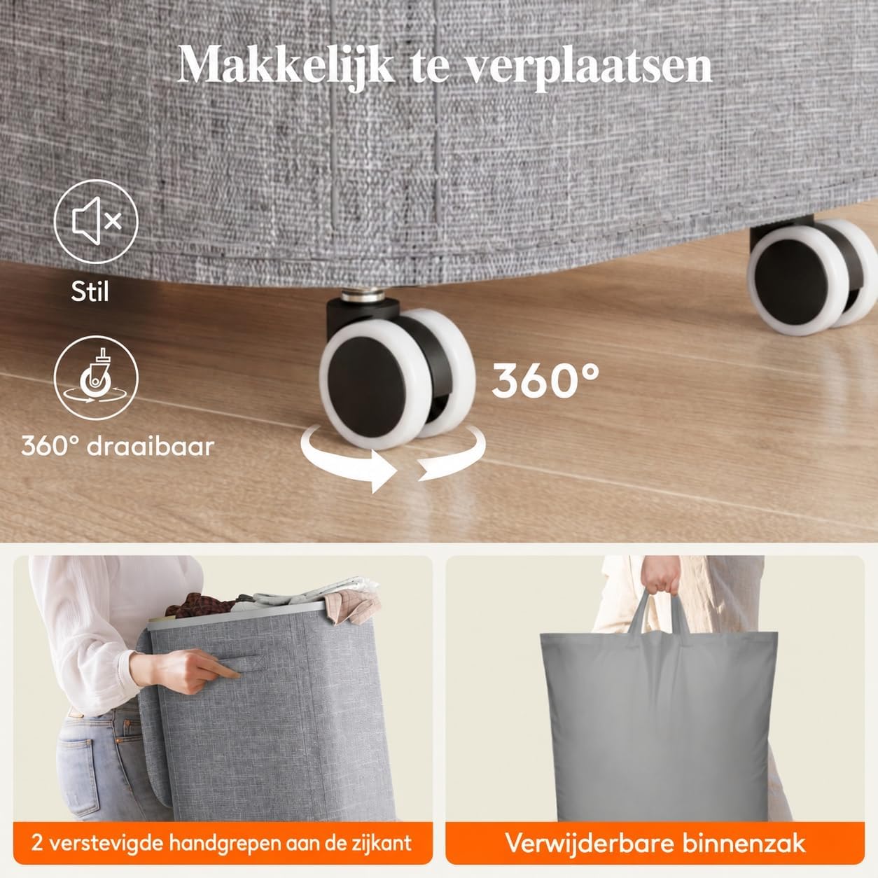 Detalle de Lifewit 24599 wasmand van 105 liter met deksel en wielen, lichtgrijs