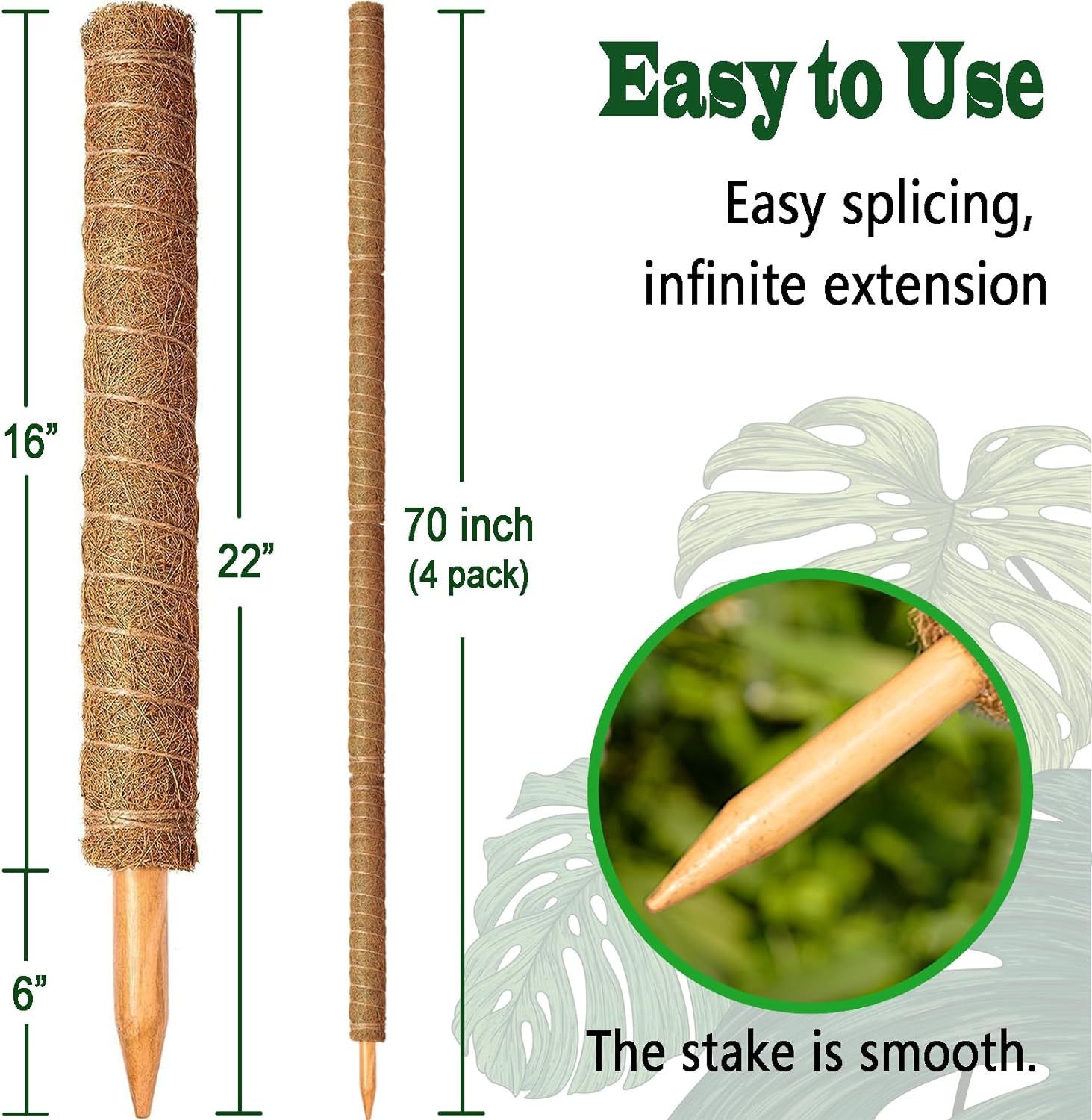 Detalle 2 de CHIAFFI Moss Pole 4-Pack, 22-Inch Stackable Coir Plant Supports