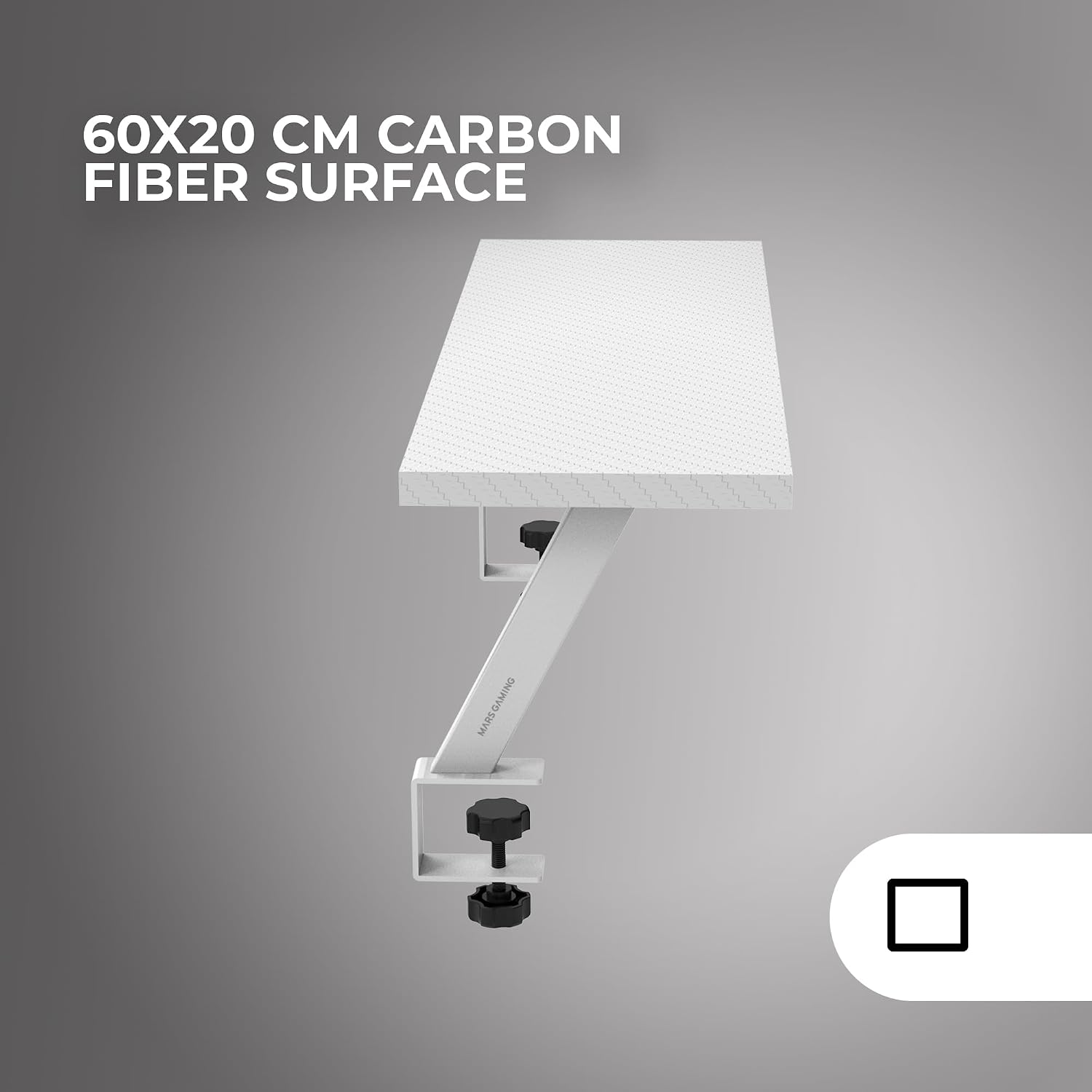 Detalle 2 de Mars Gaming MGDS, supporto rialzato per monitor bianco con ripiano in fibra di carbonio (60x20 cm)