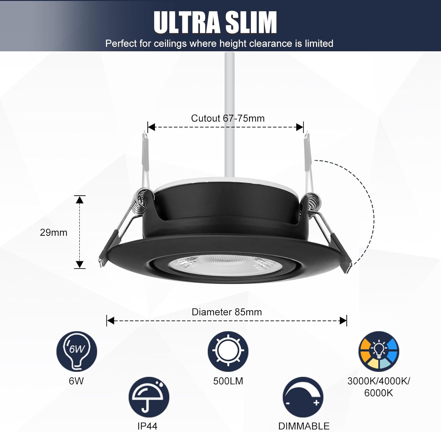 Thumbnail 3 de LED Einbaustrahler 230V dimmbar Schwarz, ultra-flach, schwenkbar – 6 W, IP44 (12er-Set)