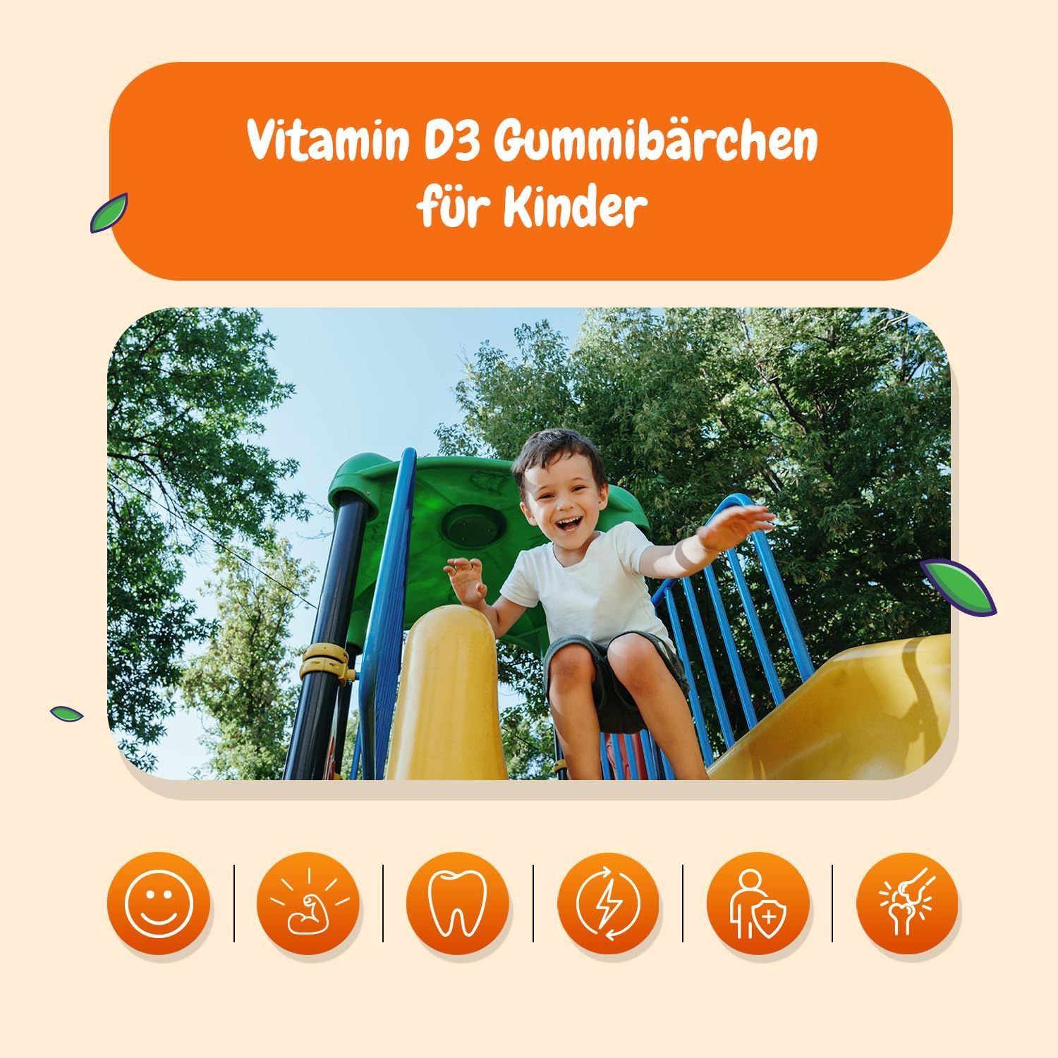 Detalle 2 de maxmedix Vitamin D3 Kinder Gummibärchen mit Orangengeschmack (1.000 IE, 120 Stück) – für Kinder von 3 bis 12 Jahren