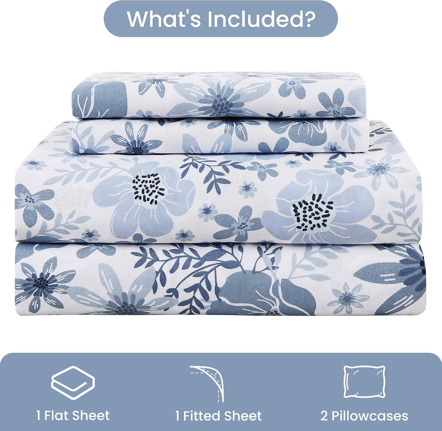 Detalle 2 de Mooreeke Floral Queen Microfibre Sheet Set, Blue Vintage Print, Deep-Pocket Fitted Sheet