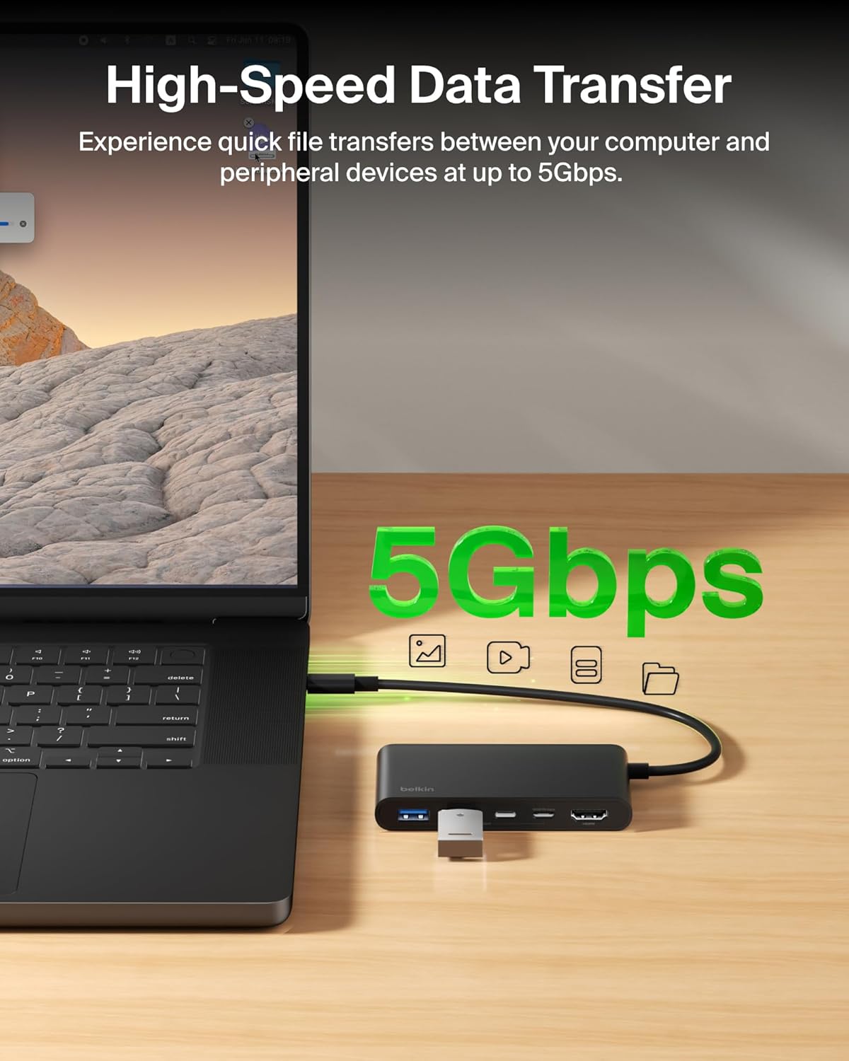 Detalle 2 de Belkin USB-C Hub 5-Port with 4K HDMI (up to 60Hz) and 100W Power Delivery, 5Gbps Data Transfer