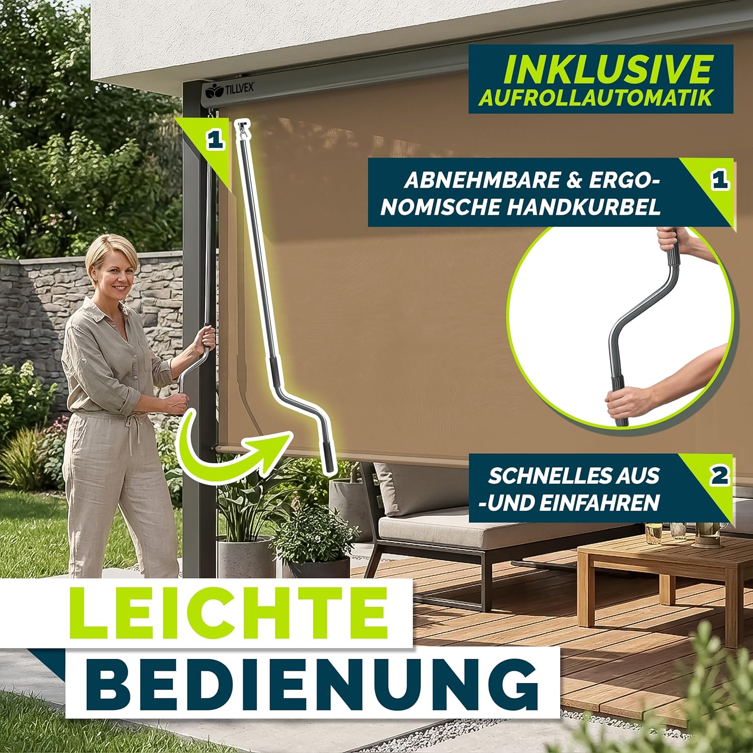 Detalle de tillvex® Senkrechtmarkise 200 x 250 cm mit Regencover – Außenrollo für Sicht- und Sonnenschutz am Balkon