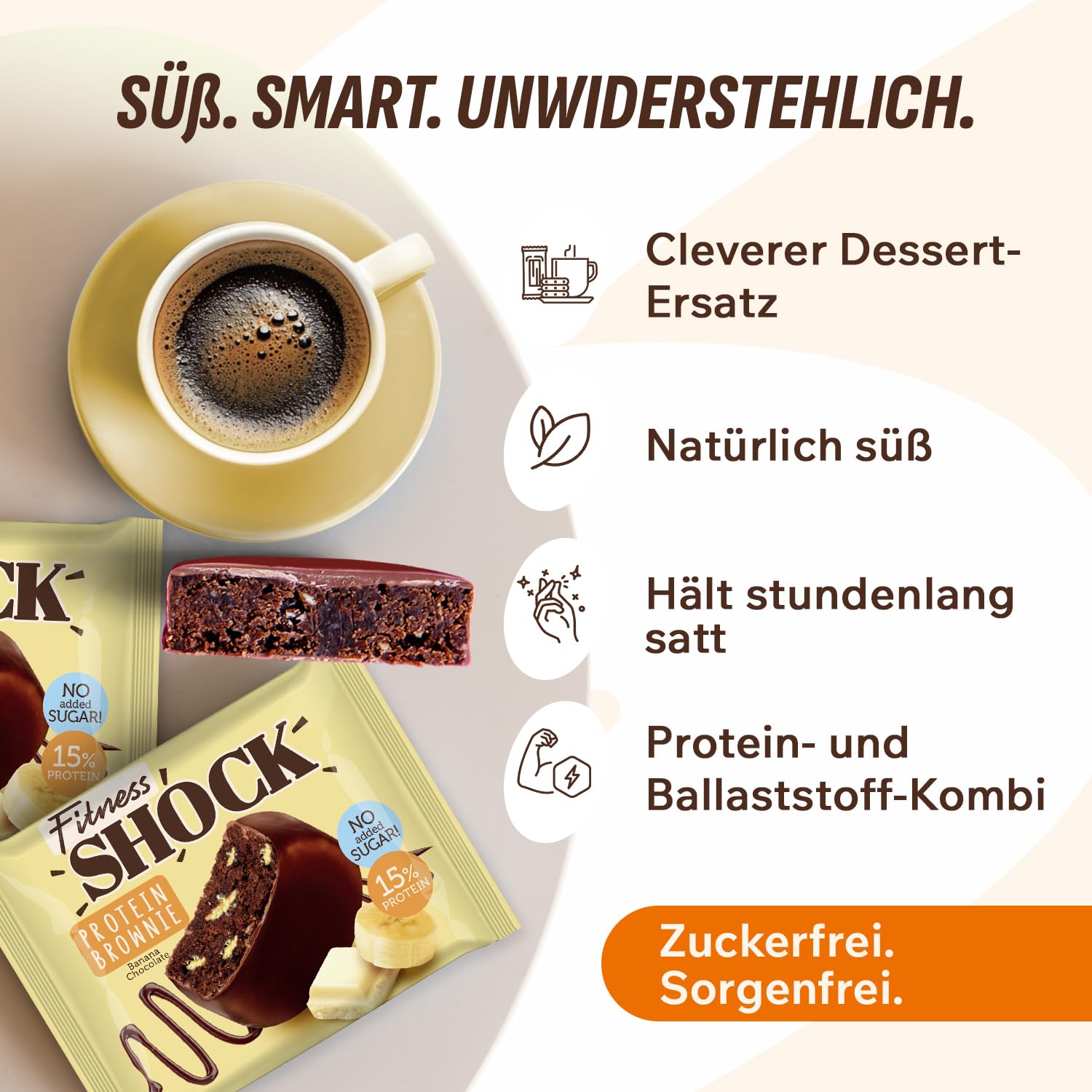 Detalle de FitnesSHOCK Protein Brownie Snack Banane – 10 x 50 g, Low Carb, mit 15% Eiweiß