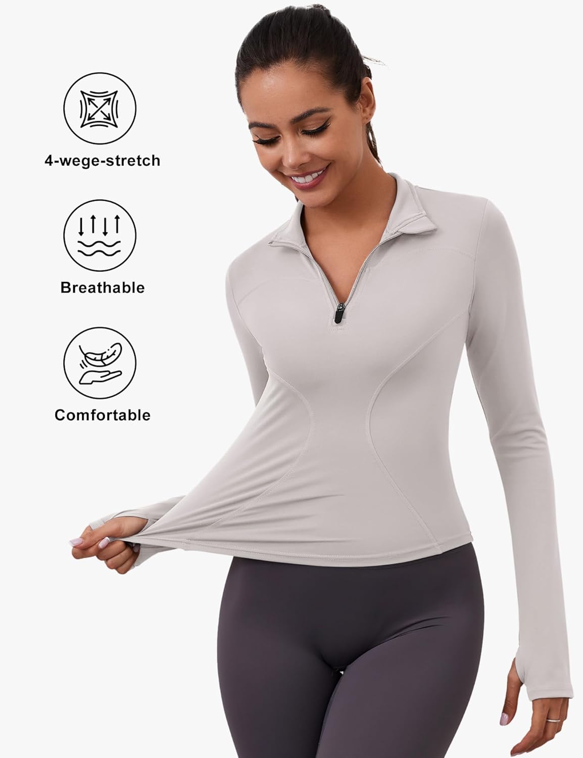 Thumbnail 4 de Rapbin Damen Langarm Sportshirt mit 1/4 Reißverschluss und Daumenloch – leichtes Fitness-Oberteil für Laufen, Gym und Alltag