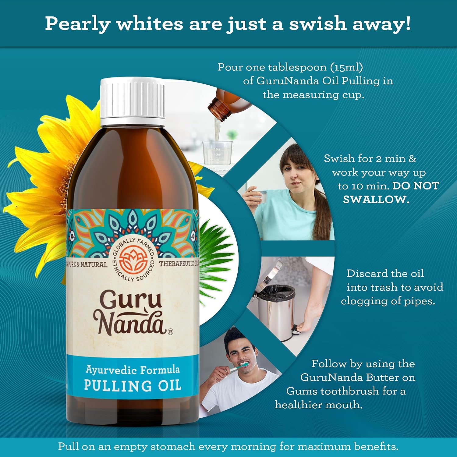 Detalle 2 de GuruNanda Original Oil Pulling Mouthwash with Coconut & Sesame Oil, Alcohol-Free (8.45 fl oz) + Tongue Scraper