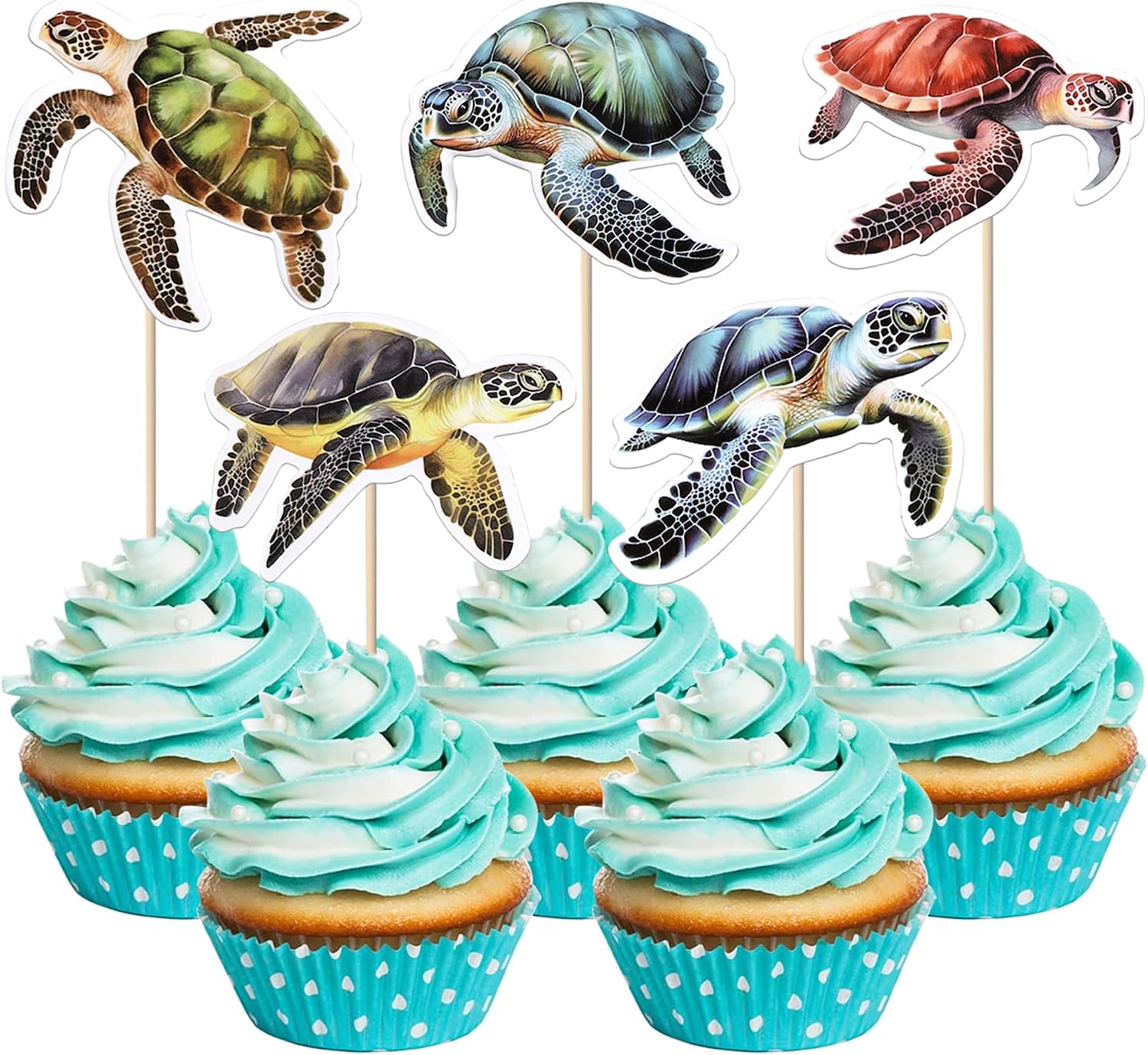 Xsstarmi 30-Pack Turtles Cupcake Toppers – Double-Sided Sea Animals Picks