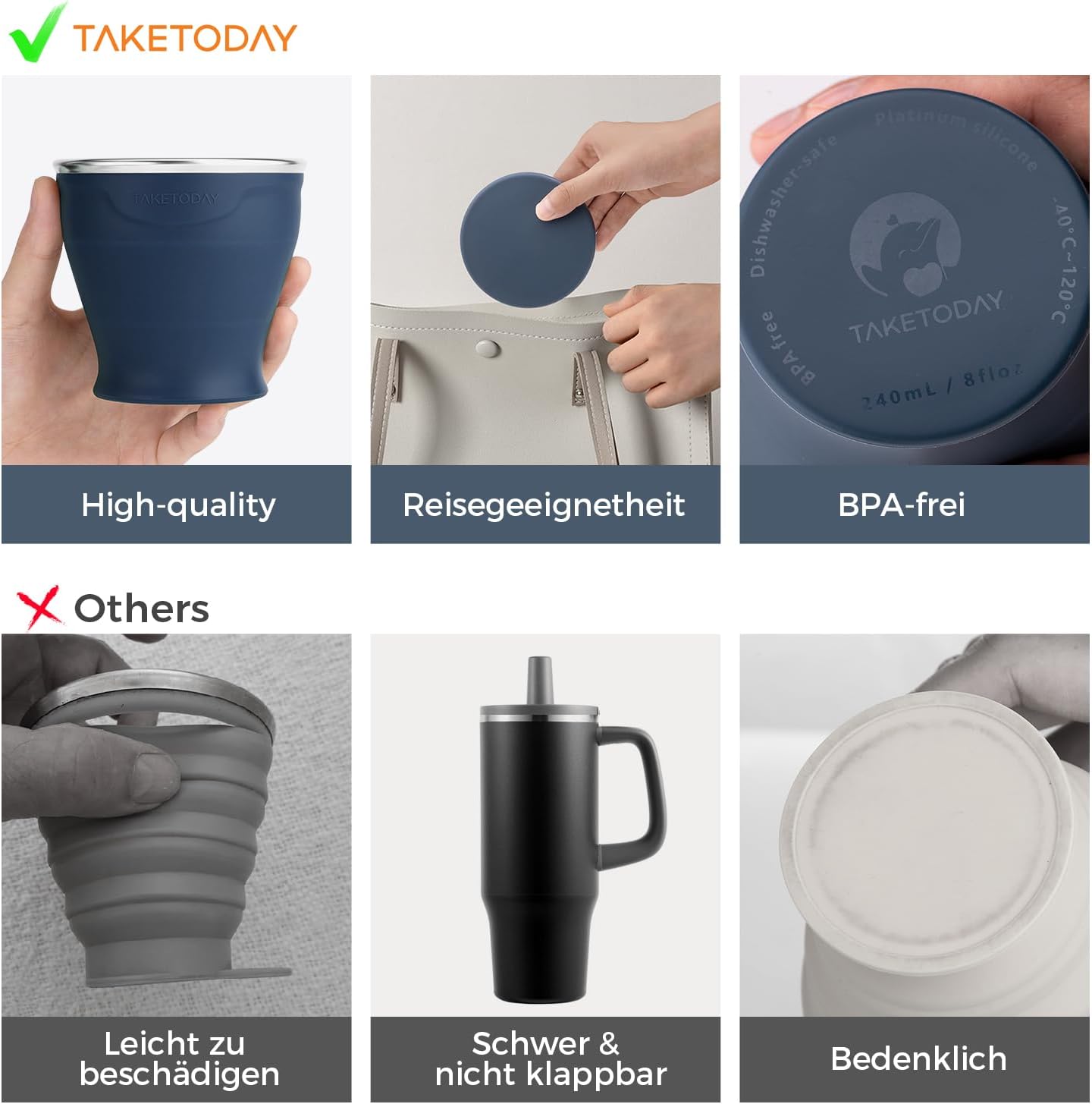 Detalle 2 de TakeToday Zusammenklappbarer Reisebecher 240 ml – Silikon-Faltbecher für Camping, Outdoor und Reisen