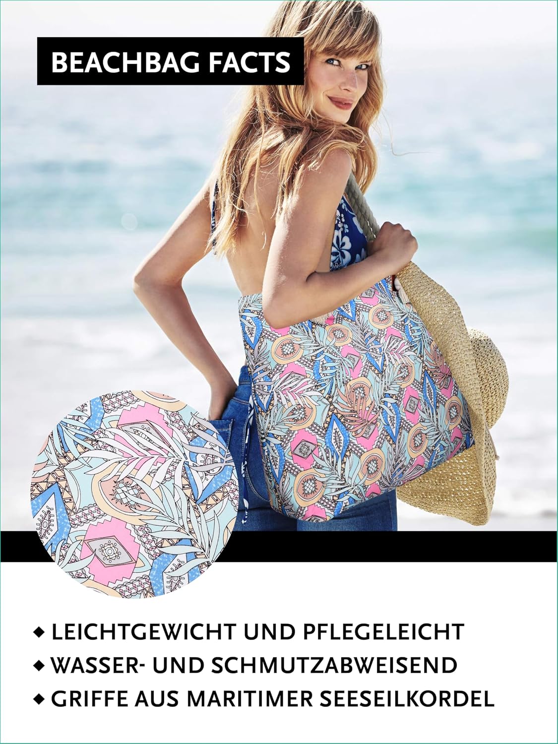 Detalle 2 de DonDon Strandtasche mit Reißverschluss XXL – Große Shopper Tasche für Strand und Alltag