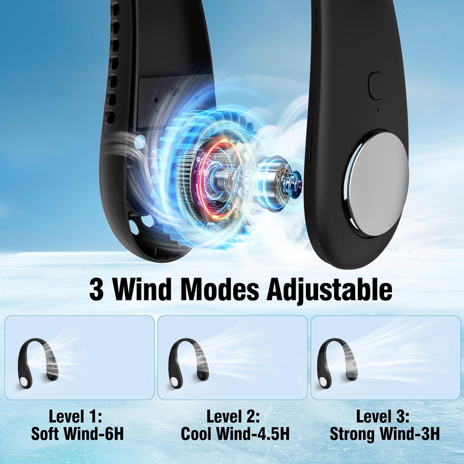 Thumbnail 2 de Portable Hanging Neck Fan (Bladeless) with 360° Airflow, 3 Speeds and Rechargeable Type-C – Black