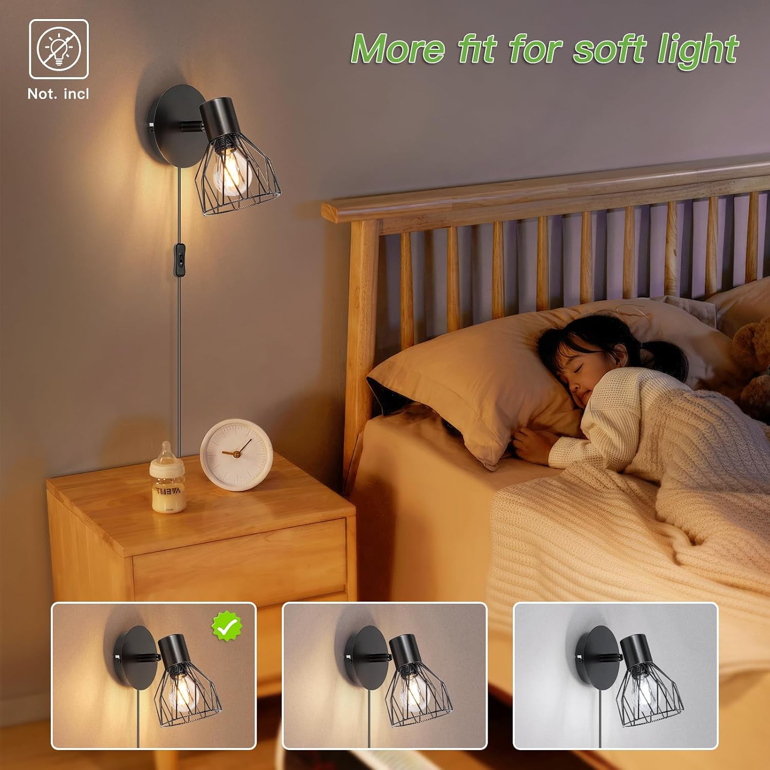 Detalle de Kimjo D0597 Retro-Raster wandlamp, zwart met draaibare E14-spot