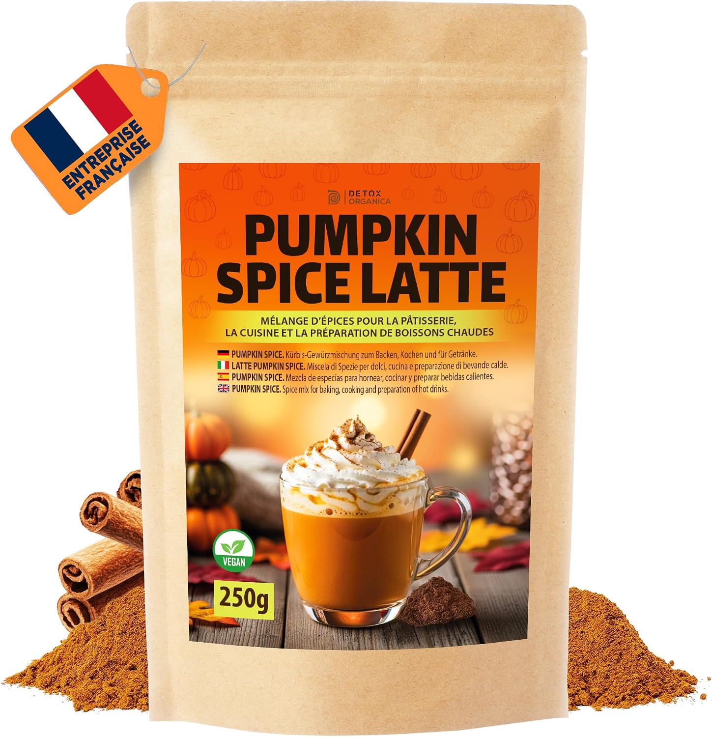 DETOX ORGANICA Pumpkin Spice Latte – Épices en poudre 250 g, mélange authentique pour latte et desserts automne