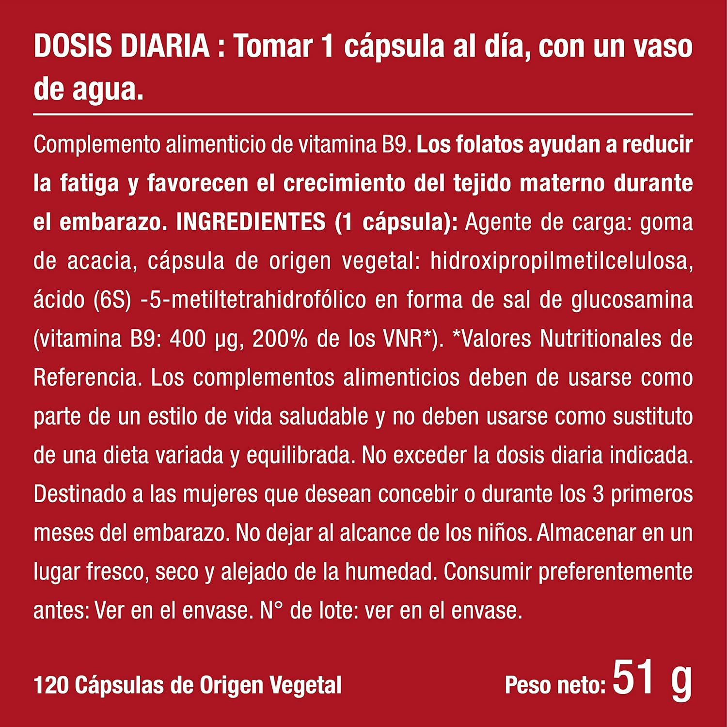 Thumbnail 5 de Ácido Fólico Vitamina B9 400µg 120 cápsulas veganas