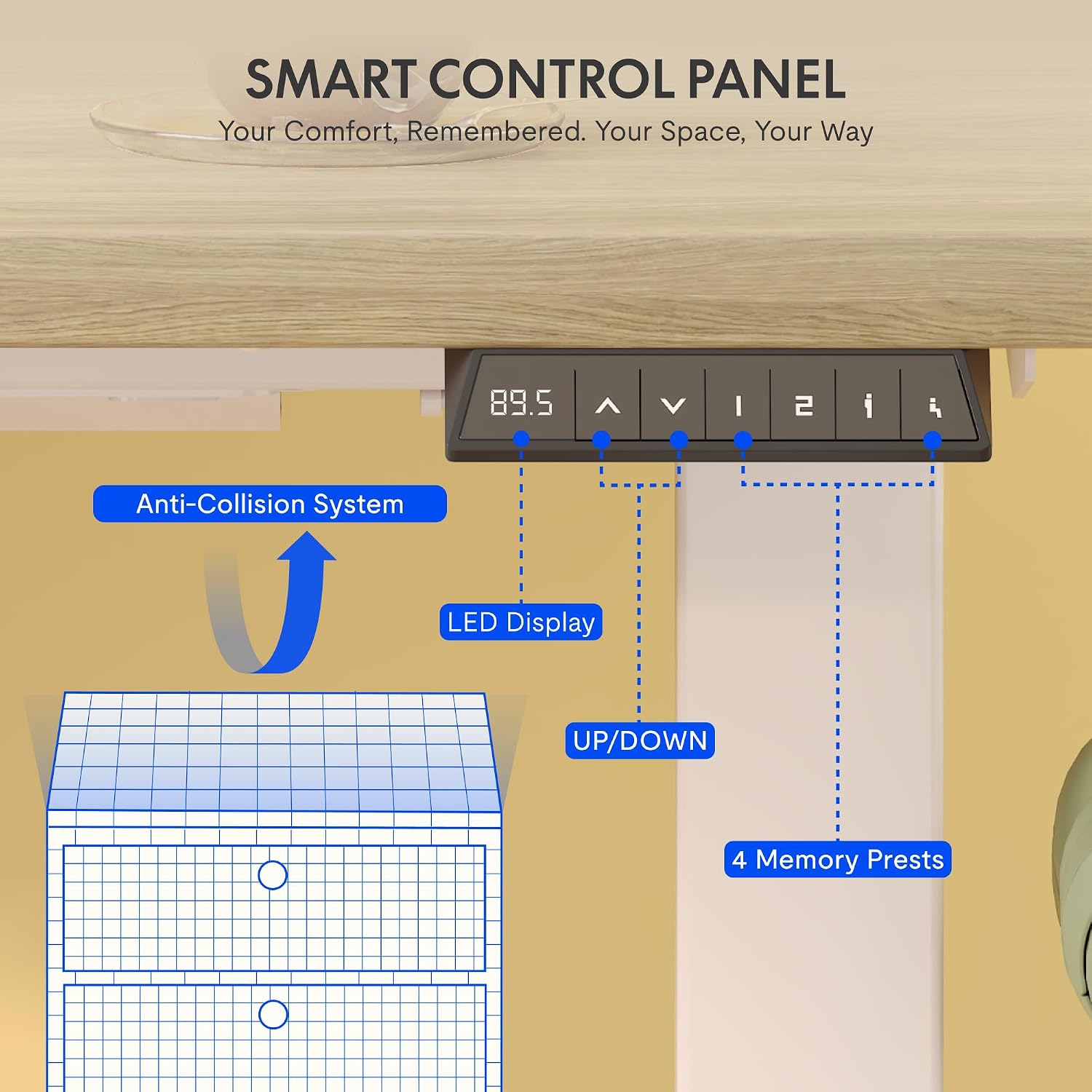 Detalle de FlexiSpot E1 Plus Electric Standing Desk, 140 × 80 cm, 25 mm Light Oak Top