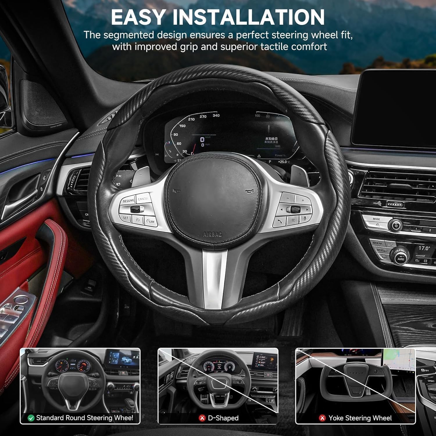 Thumbnail 4 de EINESIN 3pcs Car Carbon Fibre Anti-Skid Steering Wheel Cover – Universal 99% Fit