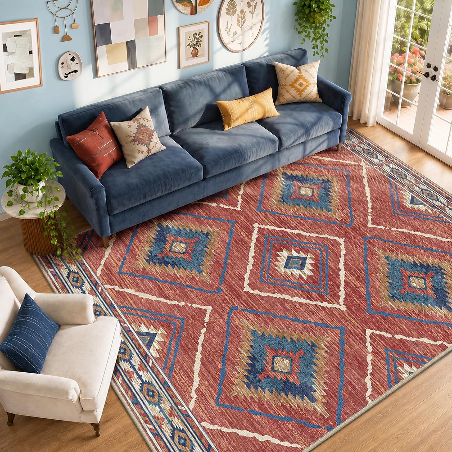 Detalle de Area Rug 5x7 | Machine Washable, Non-Slip, Low Pile Tribal Western Pattern (Red/Orange)
