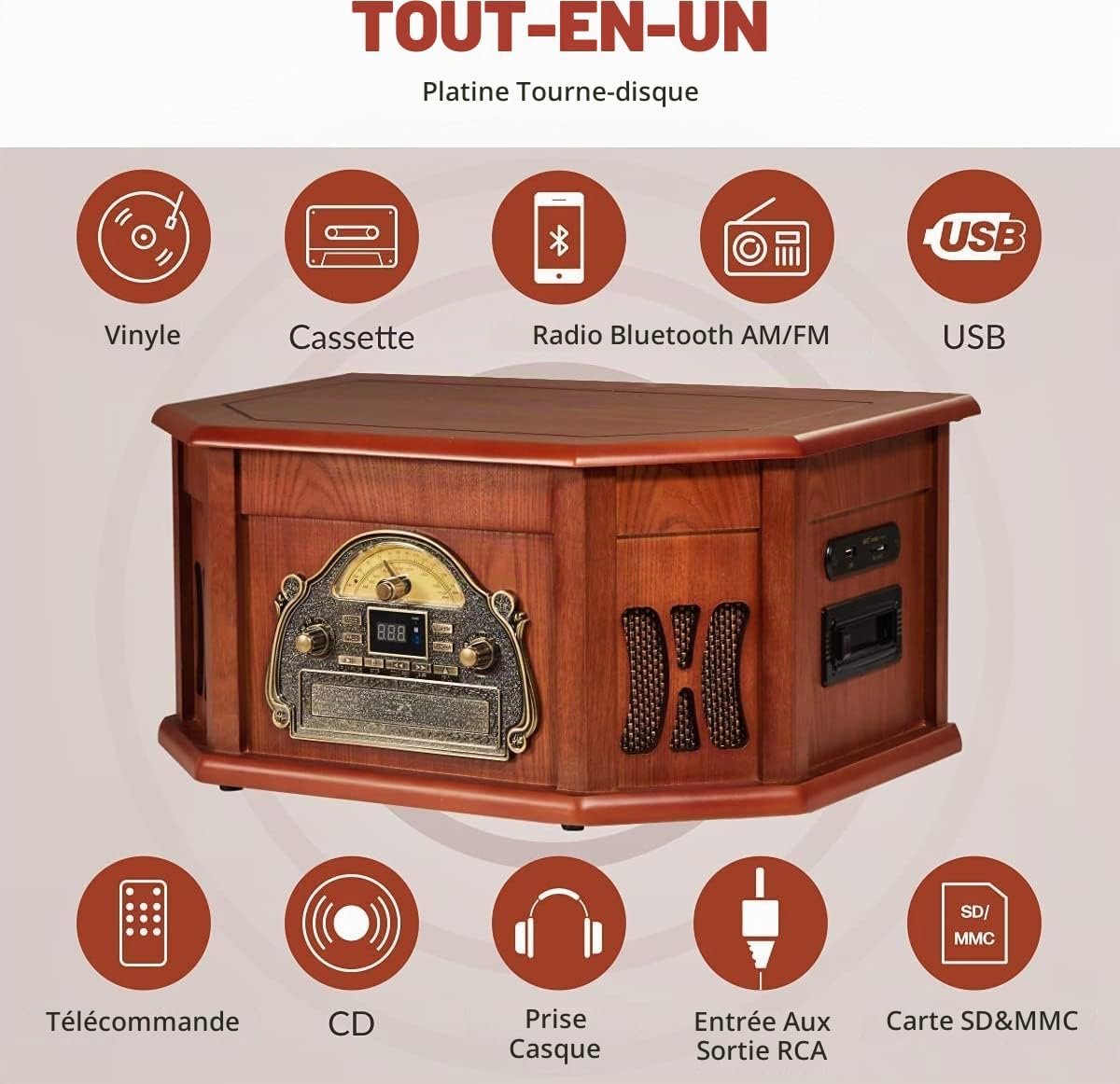 Detalle de ORCC TT-168-REC 10-in-1 platenspeler met Bluetooth, cd, cassette en radio