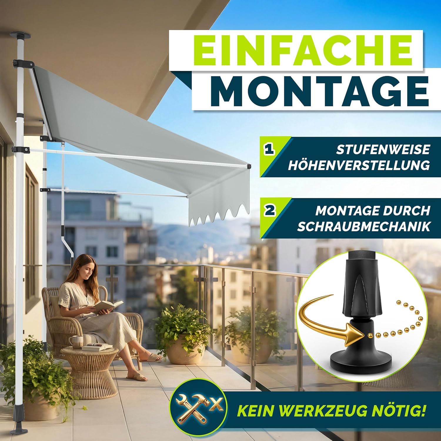 Thumbnail 2 de tillvex Klemmmarkise mit Handkurbel und LED-Lichterkette (ohne Bohren) für Balkon & Terrasse – Hellgrau, 400 cm