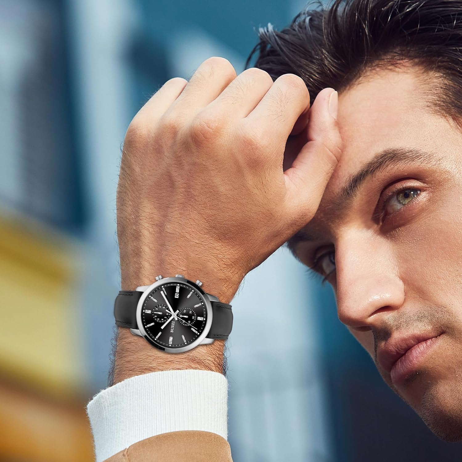 Thumbnail 5 de BUREI Herren Chronograph Uhr Blau Leder