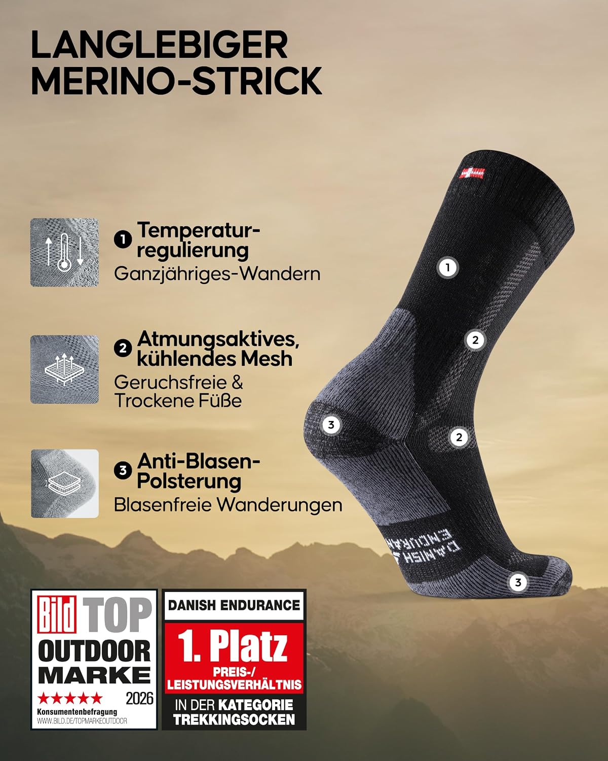 Detalle 2 de DANISH ENDURANCE Merino Wandersocken 3 Paar