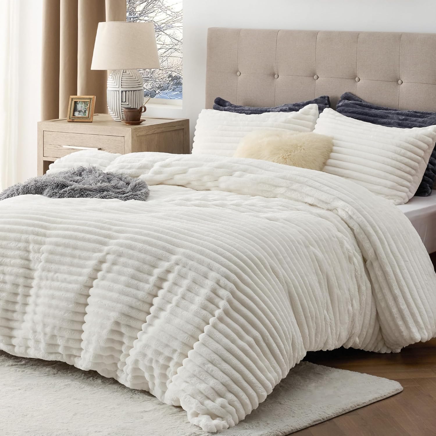 Detalle 2 de Bedsure Duvet Cover Set-Drop Needle, Queen Plush Flannel Fleece Set
