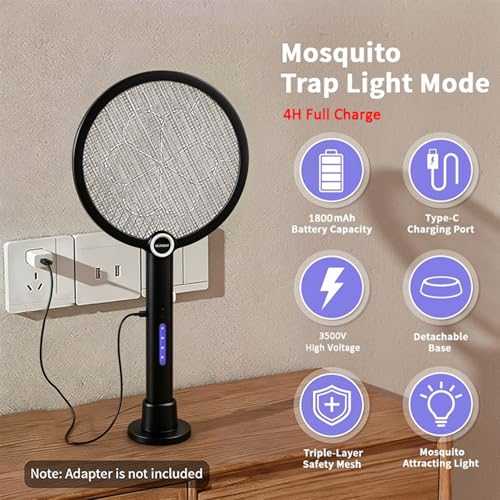 Detalle de GLÜCKLUZ Raquette Tue-Moustiques 2 en 1: Anti-Mug UV et Lampe, USB-C, 1800mAh