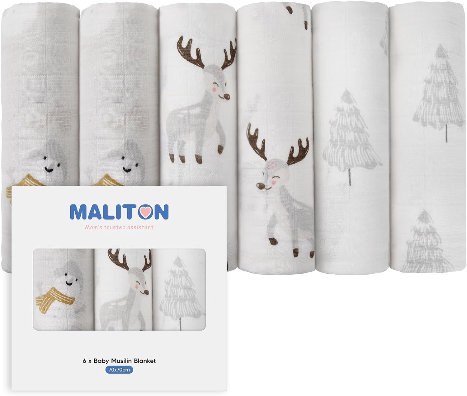 Detalle de Maliton Muslin Cloths for Baby (6-pack) 70x70cm cotton burp cloths – soft breathable muslins with snowman, reindeer & pine tree prints