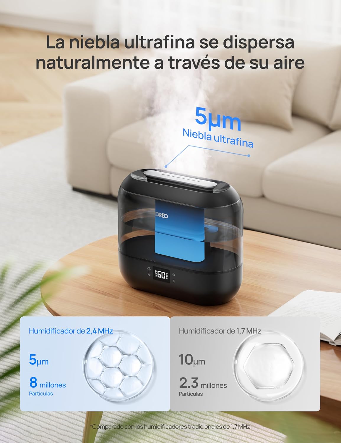 Detalle de Dreo humidificador inteligente para dormitorio con vapor frío de 4L, luz nocturna y control por app/Alexa