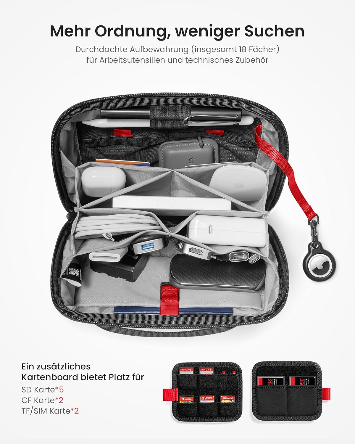 Detalle de tomtoc Kabeltasche/Zubehörtasche für Elektronik – Tech Pouch für Kabel, Adapter, Festplatte & Karten, schwarz