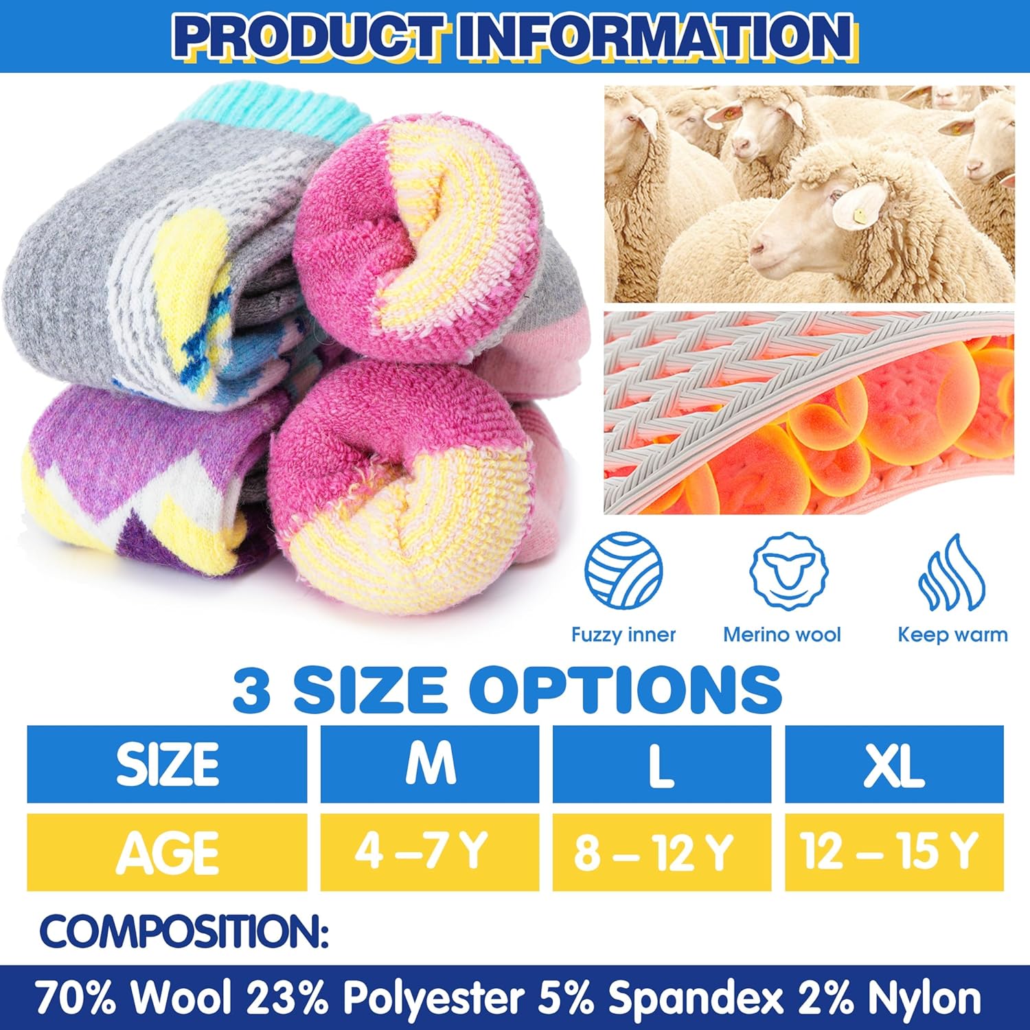 Detalle de ANTSANG 3 Pairs Kids Merino Wool Ski Socks 3 Pairs