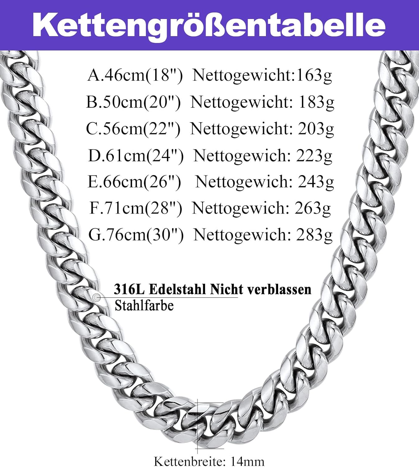 Thumbnail 2 de Richsteel Halskette Herren Cuban Chain aus Edelstahl – 6/10/14 mm, 46–76 cm