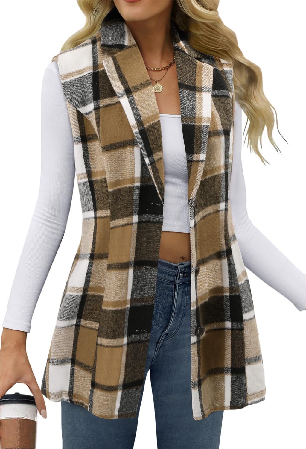 Detalle de BETTE BOUTIK Plaid Flannel Vest for Women, Lightweight Lined Sleeveless Layer