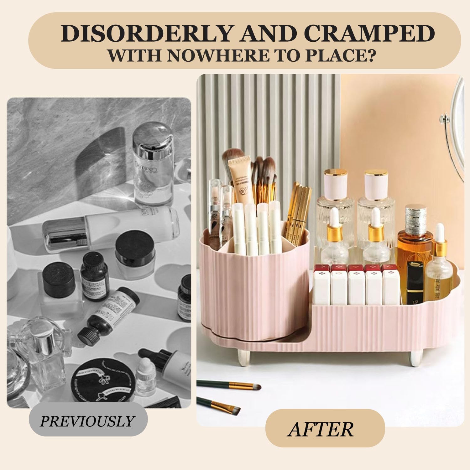 Detalle de Lepat Makeup Organiser: 360° Rotating 2‑in‑1 Cosmetic and Skincare Storage