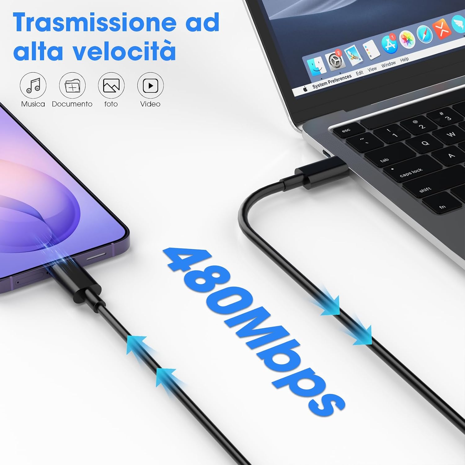 Detalle de Caricatore USB-C 45W a 2 porte (2 cavi da 2 m) – 2 Pack per Samsung e iPhone