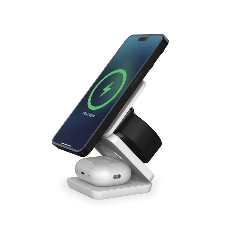 Detalle de Ksix Cube 3 en 1: Cargador Inalámbrico MagSafe y Qi + Apple Watch y AirPods – Blanco