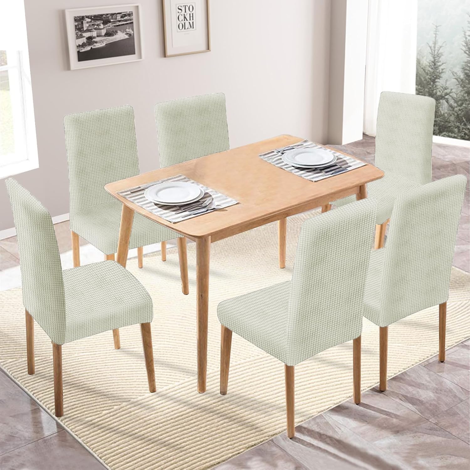 Detalle de Ystyle Housse de chaise extensible 6 pièces pour salle à manger, blanc naturel