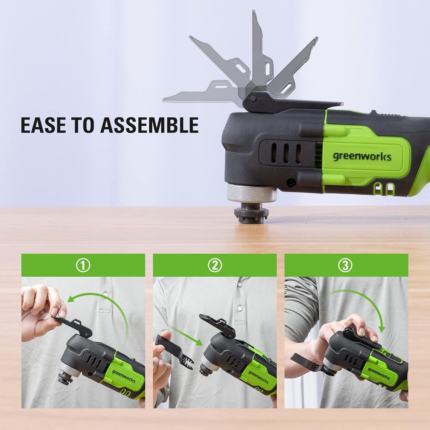 Detalle de Greenworks G24MTK2 Utensile Multifunzione a Batteria: oscillante, 6 velocità e 5 accessori da 24V con batteria 2Ah