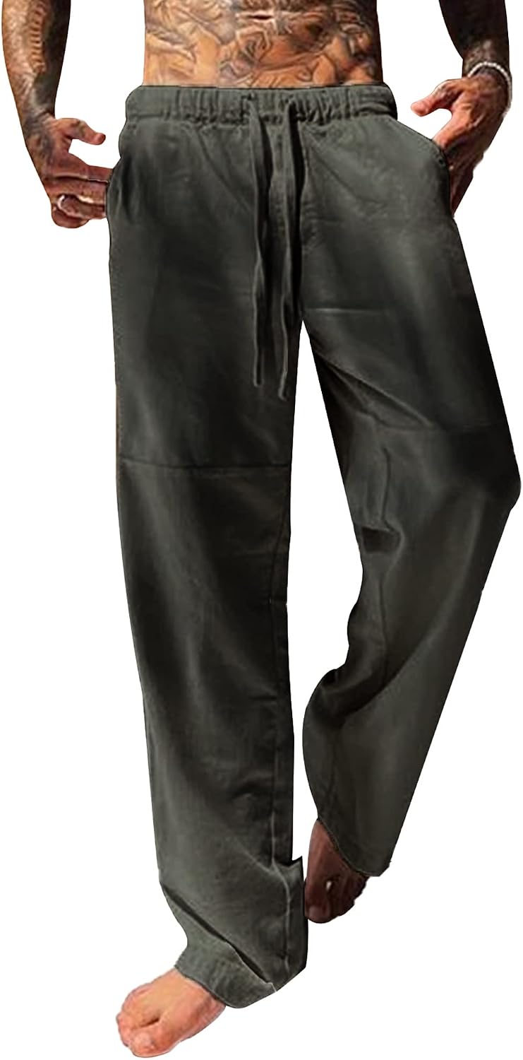 Imagen de YAOBAOLE Pantalon homme en lin et coton décontracté – toile légère à taille élastique en OfertitasTOP